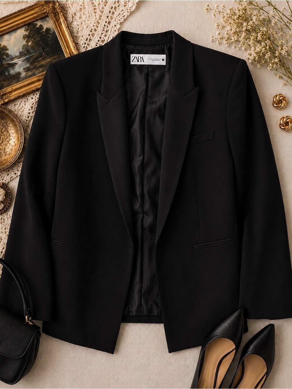Zara Black Tuxedo Blazer XL NWT One Button Tailored Jacket with Shoulder Pads